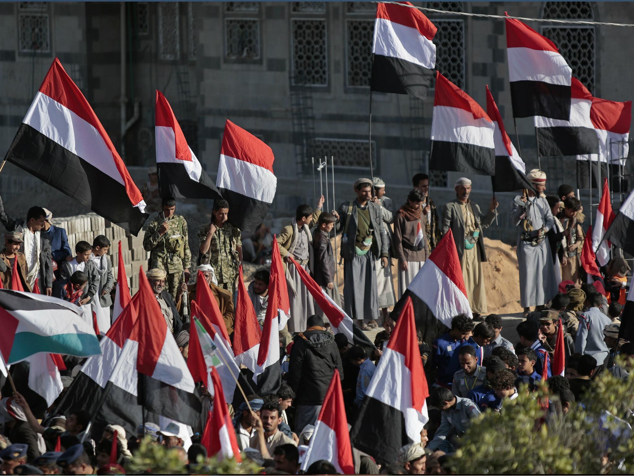 Supporters of Shiite Houthi rebels attend a rally in Sanaa, Yemen on 5 December 2017.