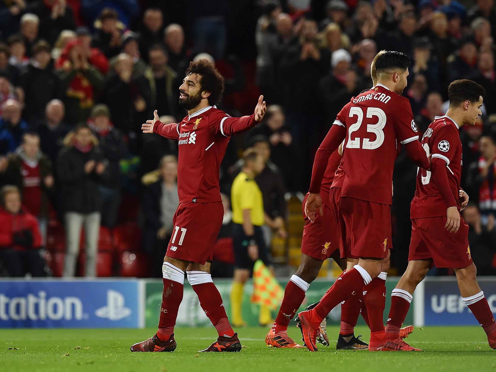 Mohamed Salah celebrates during Liverpool's 7-0 victory over Spartak Moscow