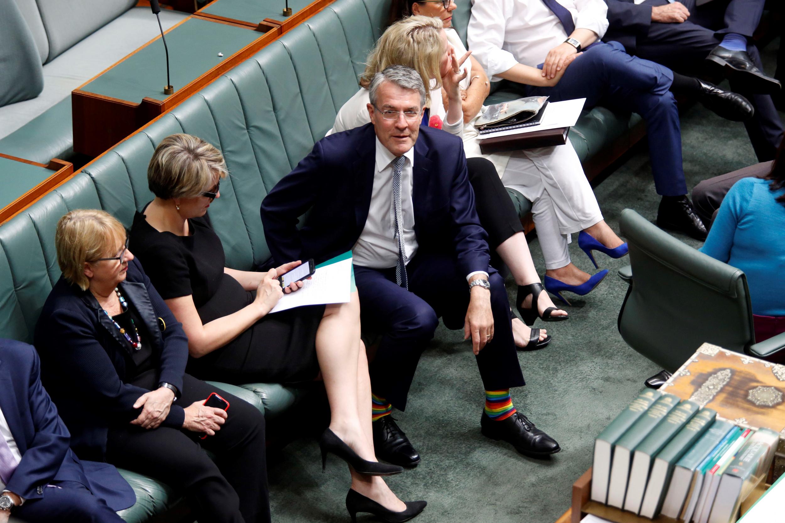 Labour Shadow Attorney General, Mark Dreyfus, wears rainbow socks in the House of Representatives in support of same-sex marriage