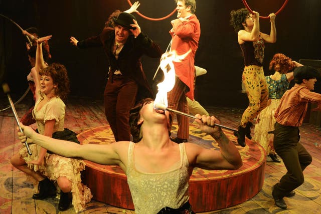 Marcus Brigstocke as PT Barnum (centre) with the company of 'Barnum' at Menier Chocolate Factory