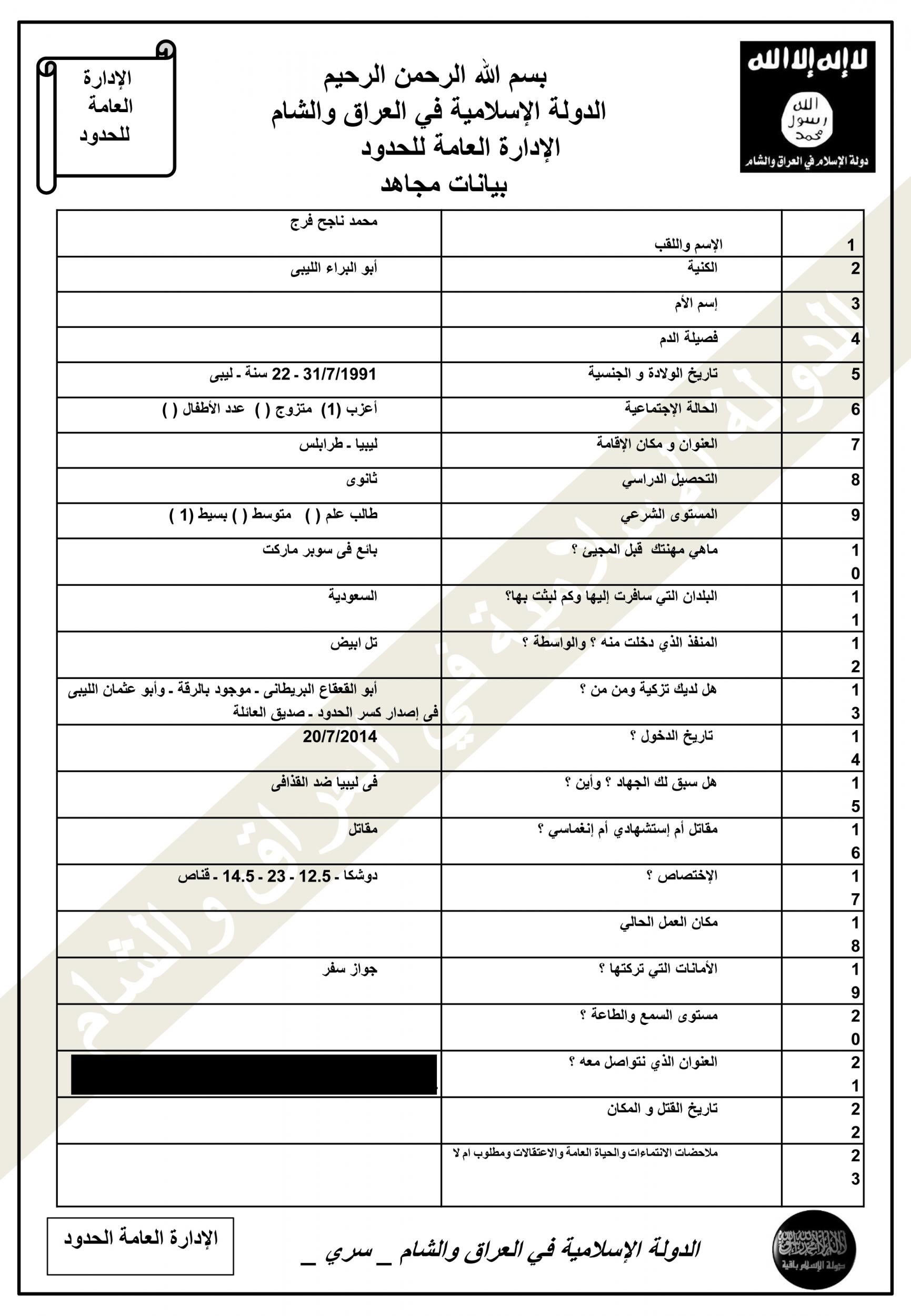 Mohammed Abdallah’s Isis registration form, which lists him as a sniper with fighting experience in Libya