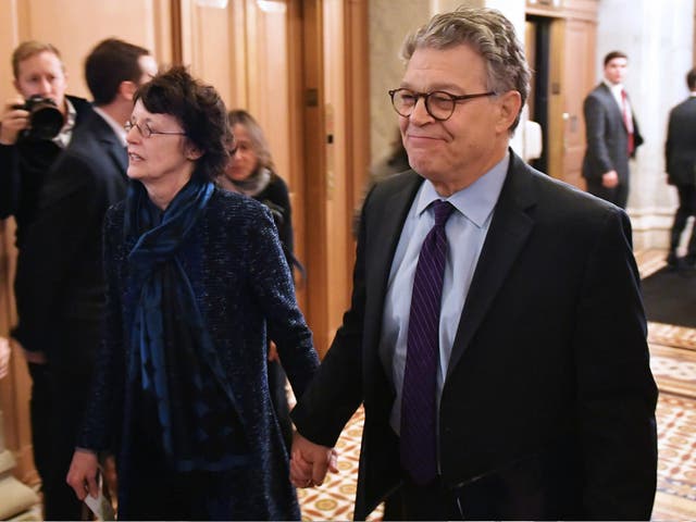 Senator Al Franken and his wife Franni Bryson arrive at the US Capitol on 7 December 2017 in Washington, DC ahead of his resignation speech.