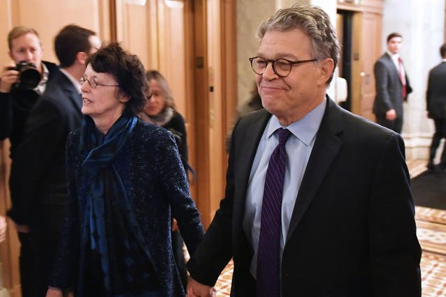 Senator Al Franken and his wife Franni Bryson arrive at the US Capitol on 7 December 2017 in Washington, DC ahead of his resignation speech.
