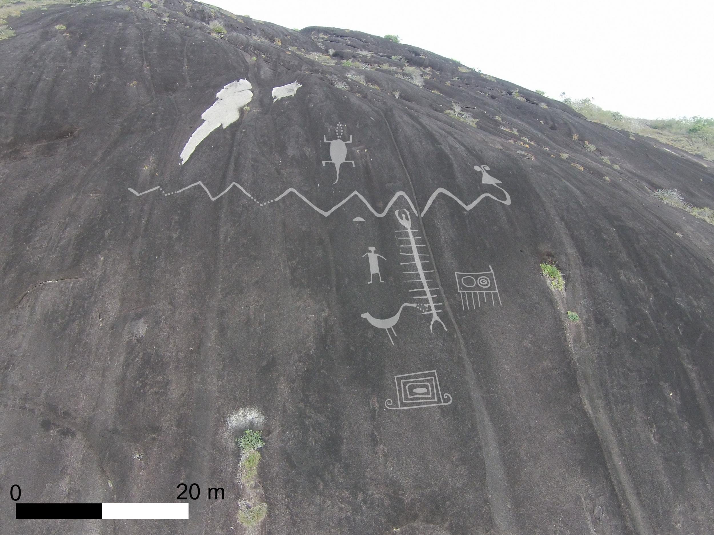 Aerial photograph of monumental Cerro Pintado petroglyphs