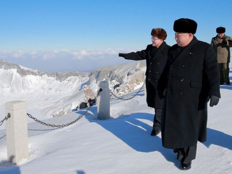 Kim Jong-un is shown at Mount Paektu in Ryanggang province in an undated KCNA handout photo