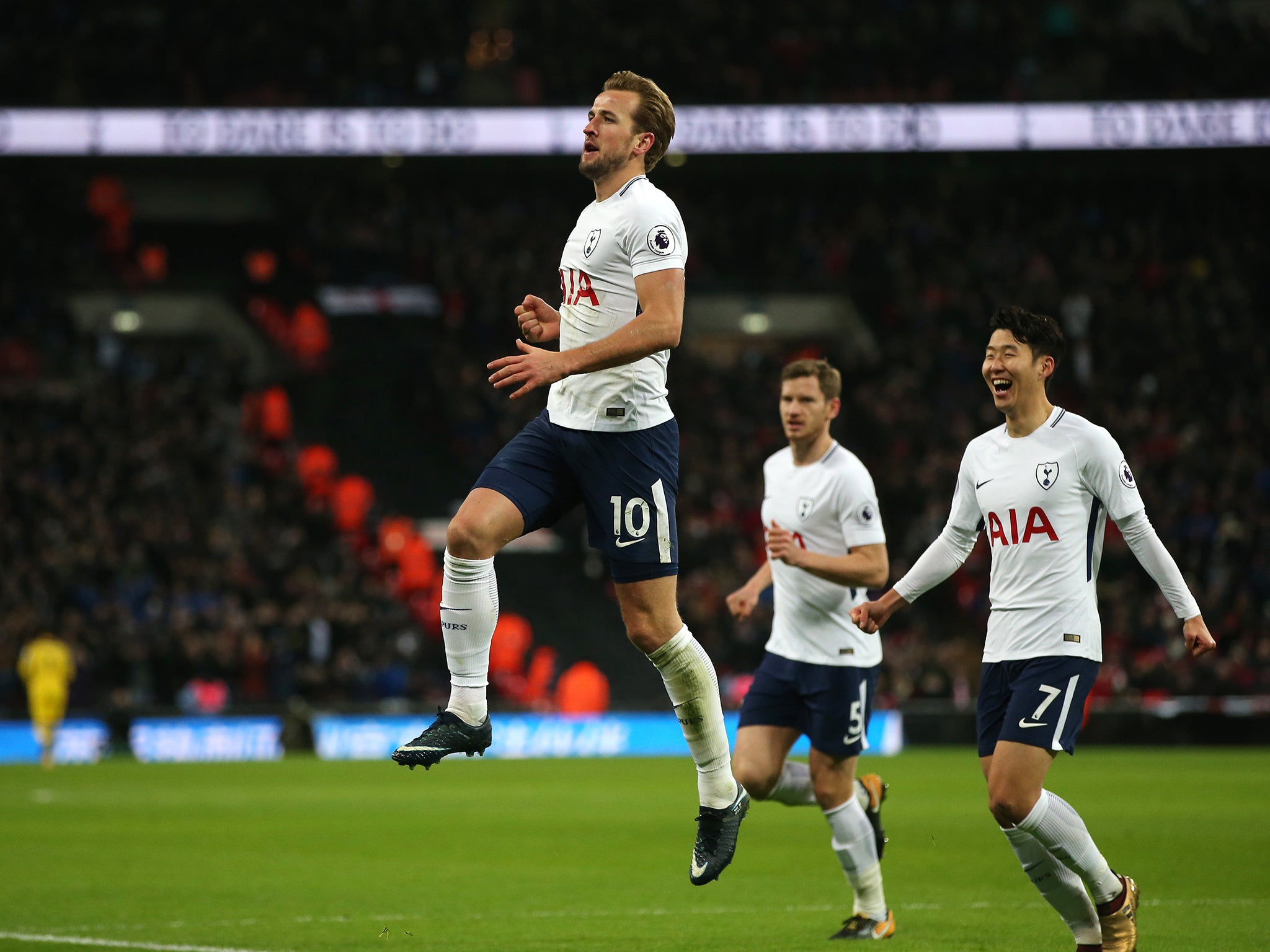 Harry Kane celebrates scoring Tottenham's third against Stoke