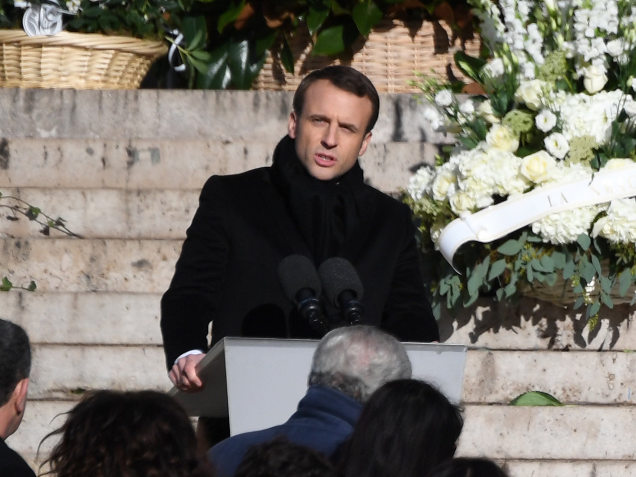 President Macron delivers a speech outside La Madeleine Church at the start of Johnny Hallyday’s funeral