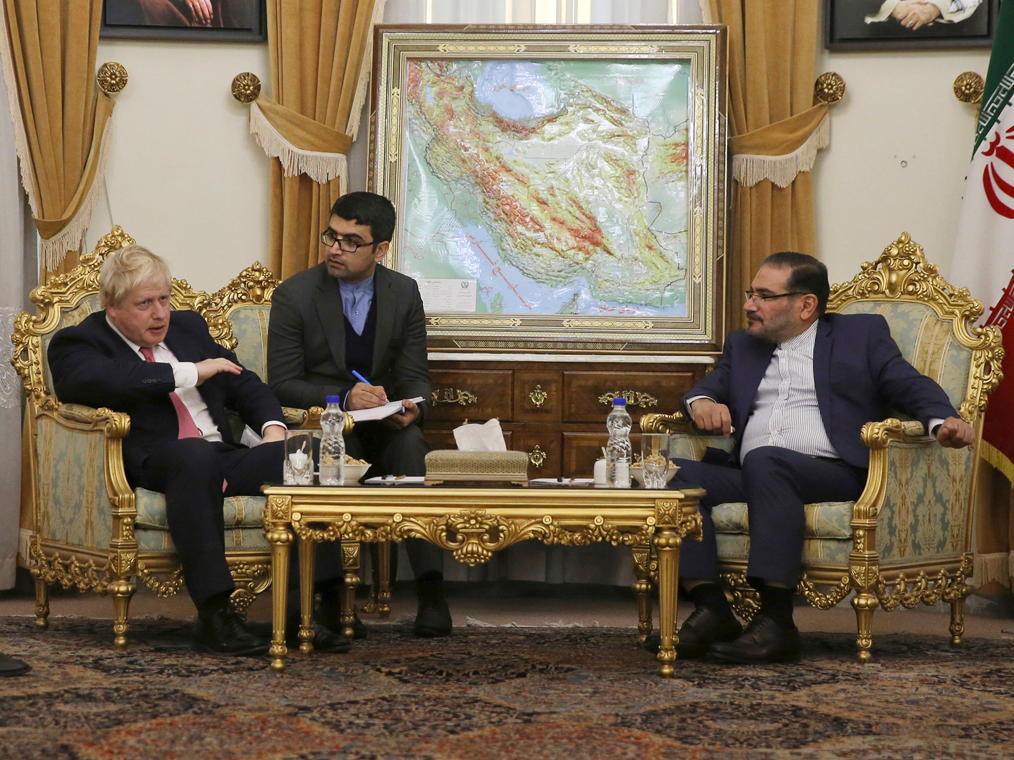 Assisted by the interpreter sitting next to him, Boris Johnson meets Ali Shamkhani, Secretary of Iran’s Supreme National Security Council, in Tehran earlier this month