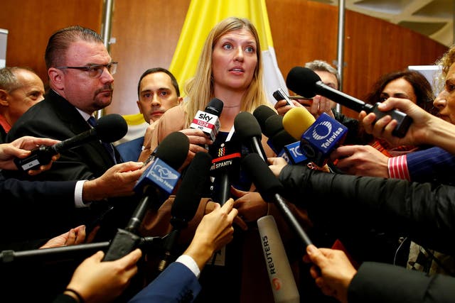 Beatrice Fihn, Executive Director of the International Campaign to Abolish Nuclear Weapons (ICAN), who was awarded the 2017 Nobel Peace Prize, talks with reporters