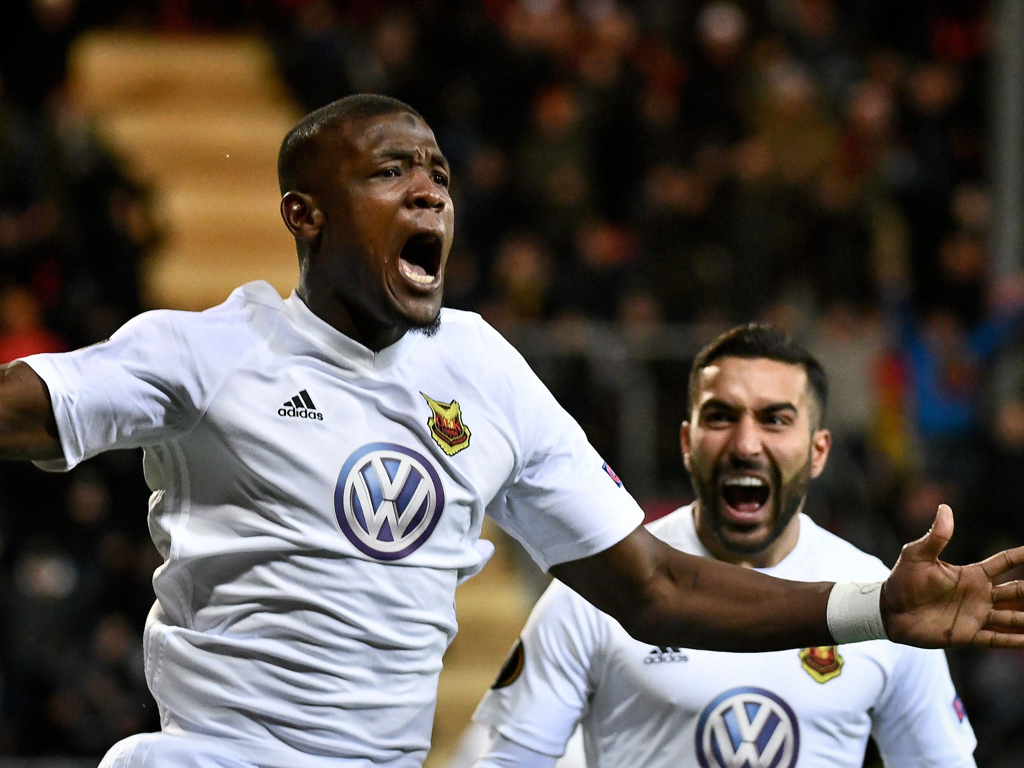 Alhaji Gero (L) celebrates scoring for Ostersund against Athletic Bilbao