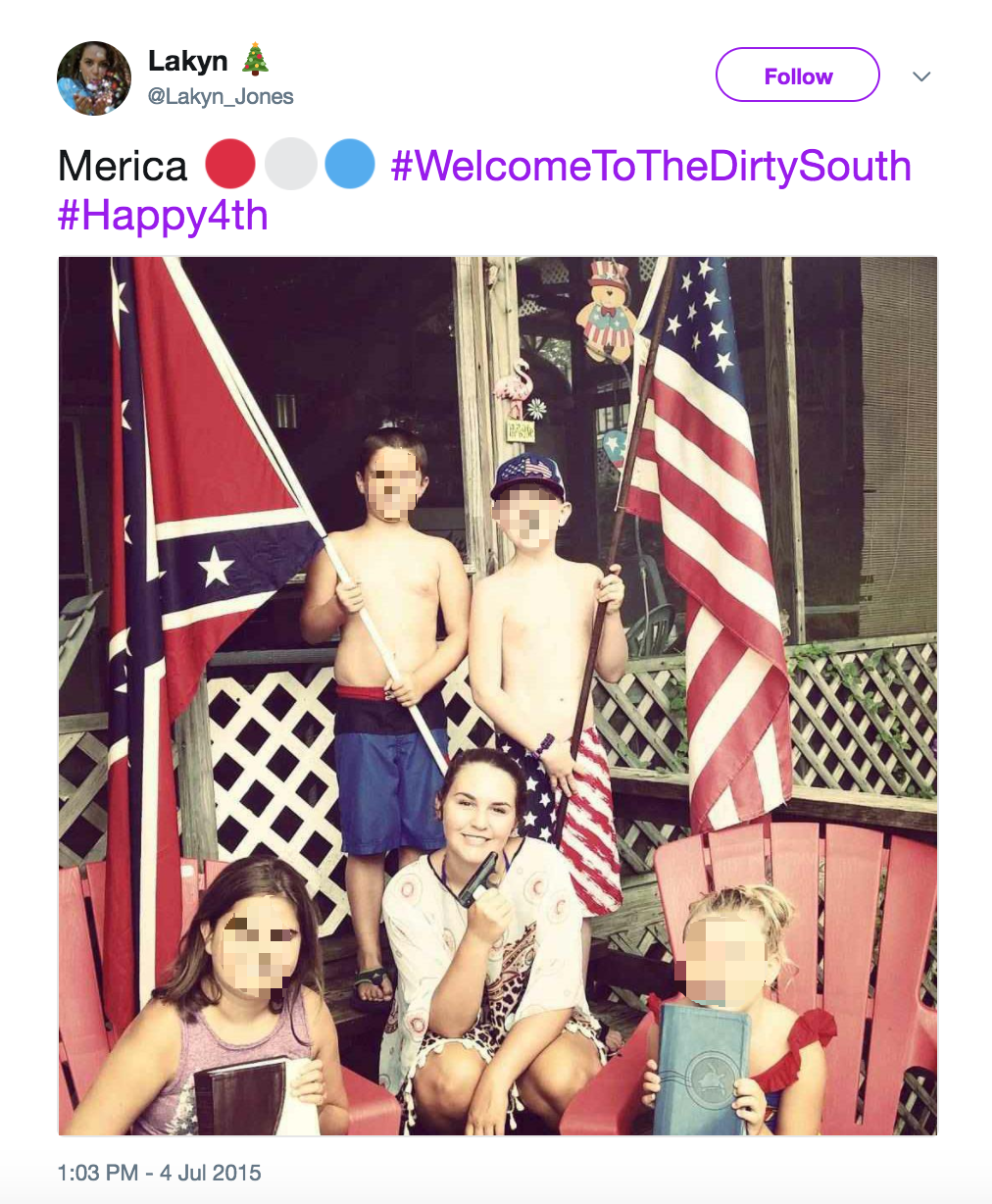 This tweet from Keaton Jones's sister shows members of the Jones family posing with a Confederate flag