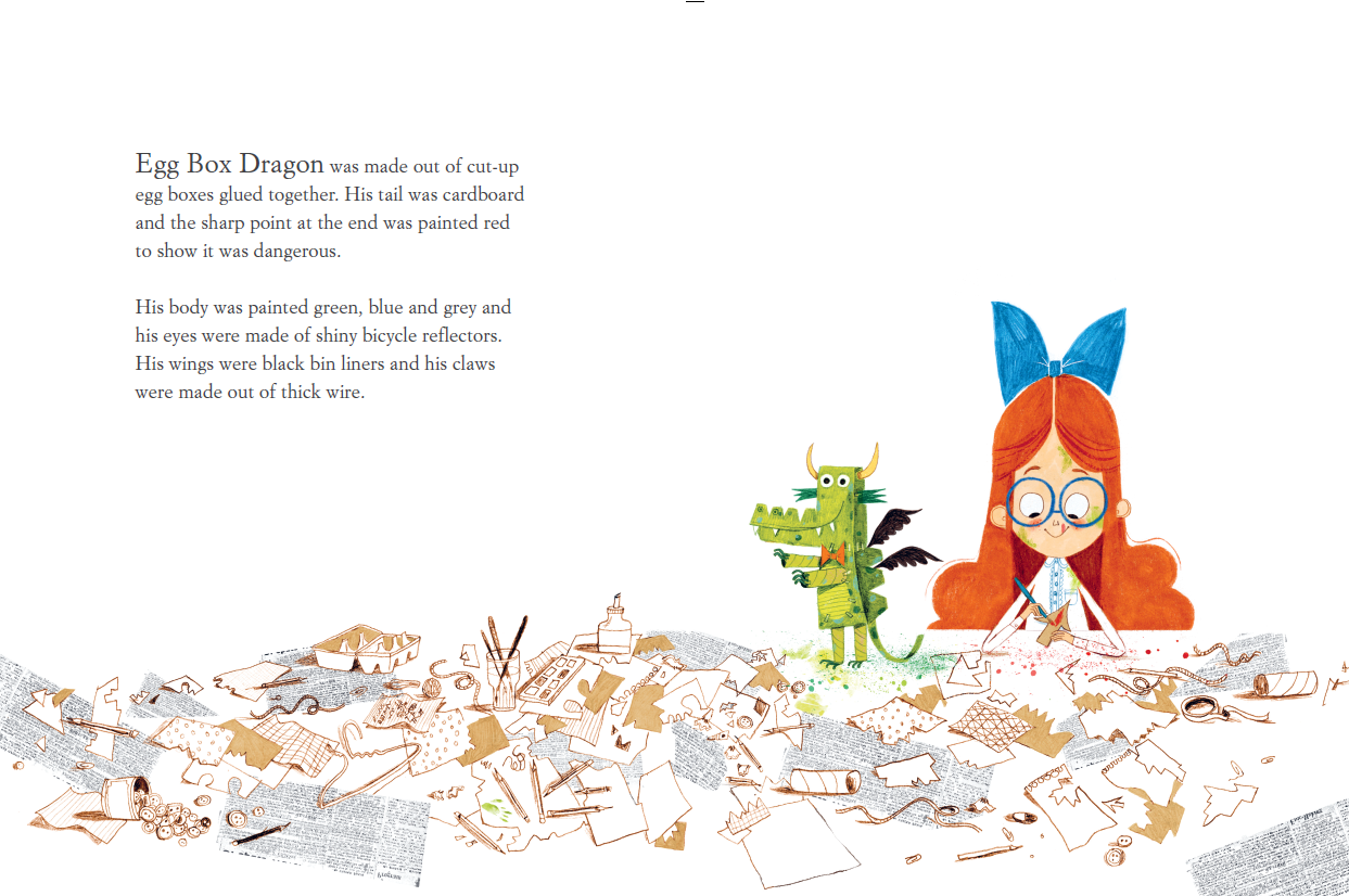 ‘The Adventures of Egg Box Dragon’ leaps off the page, thanks to illustrator Alex T Smith’s imaginative interpretation of Adams’s cheeky dragon