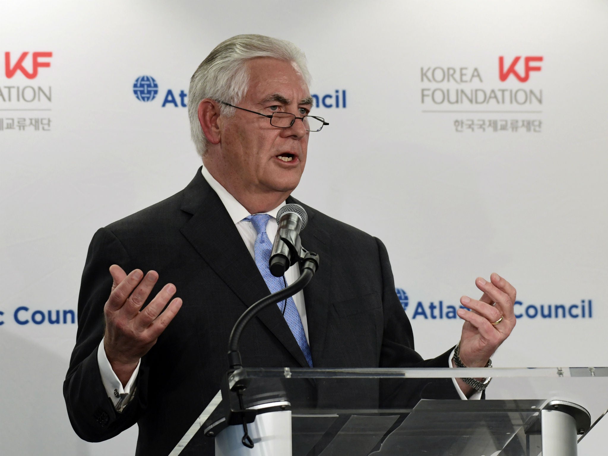 Rex Tillerson speaks at the 2017 Atlantic Council-Korea Foundation Forum in Washington, where he floated the idea of talks with North Korea.