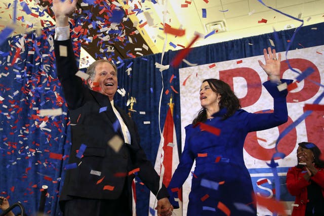 Democratic candidate for U.S. Senate Doug Jones and his wife Louise wave to supporters at his election night party