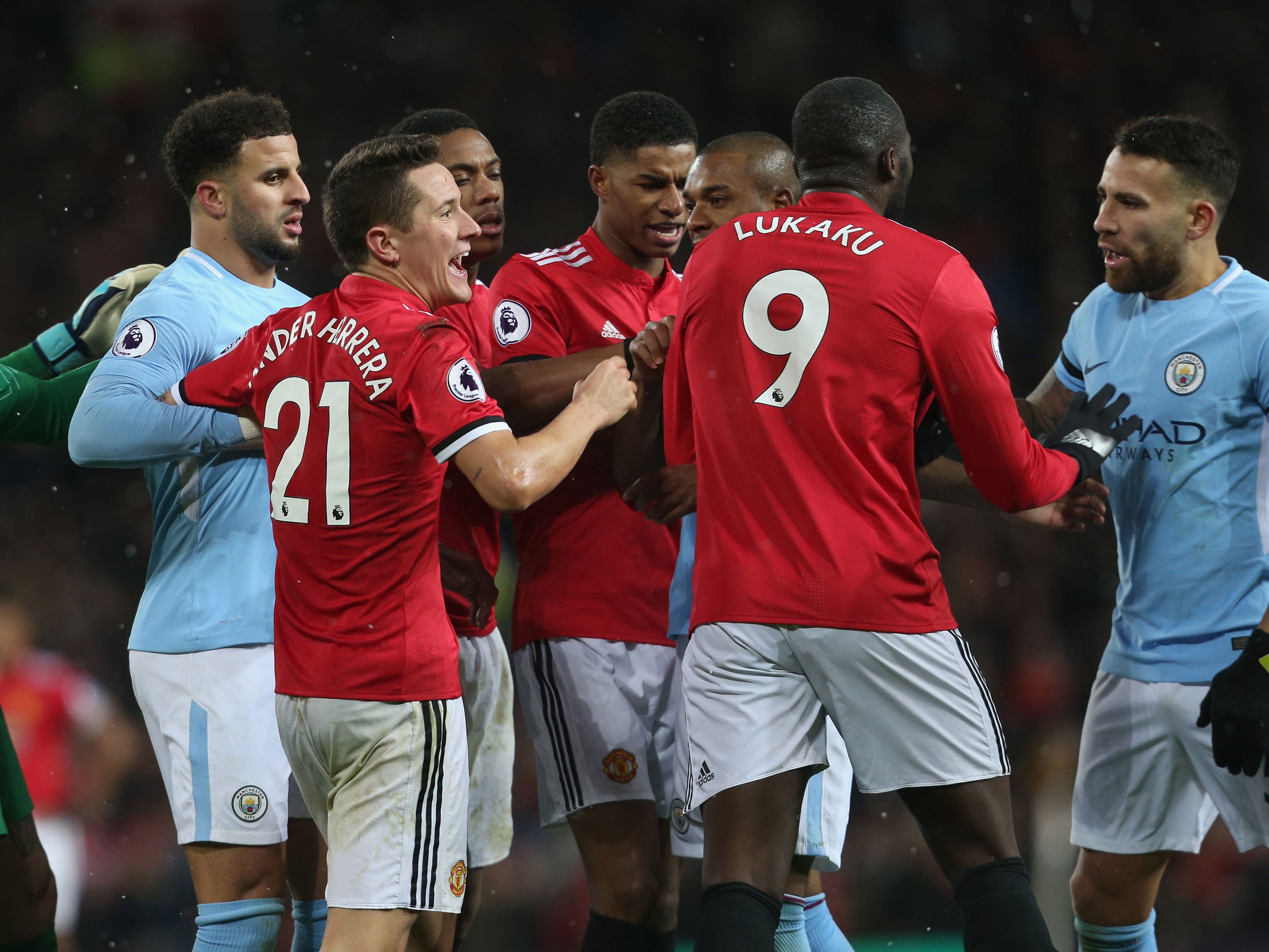 Manchester United and Manchester City players clashed after a fiery derby