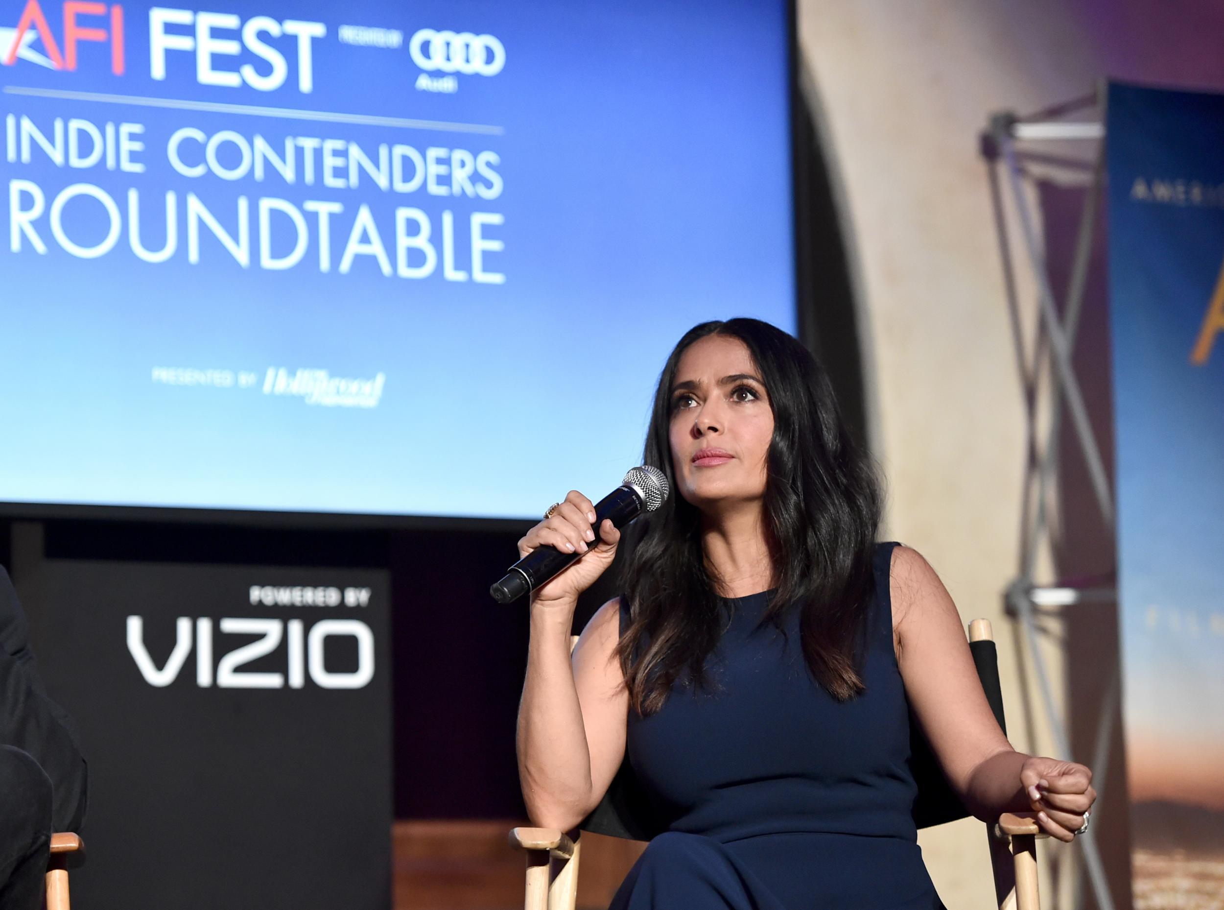 Salma Hayek speaks onstage during 'Indie Contenders Roundtable' at AFI FEST 2017 Presented By Audi at Hollywood Roosevelt Hotel on November 12, 2017 in Hollywood, California. Credit: Alberto E. Rodriguez/Getty Images for AFI.