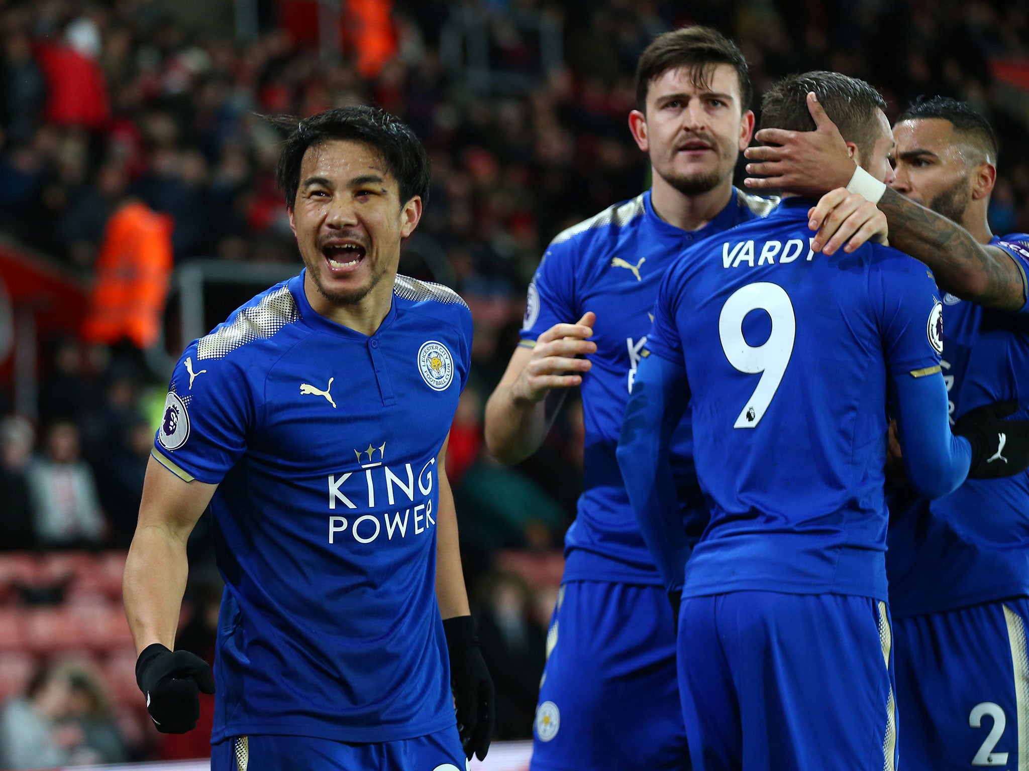 Shinji Okazaki celebrates his second for Leicester