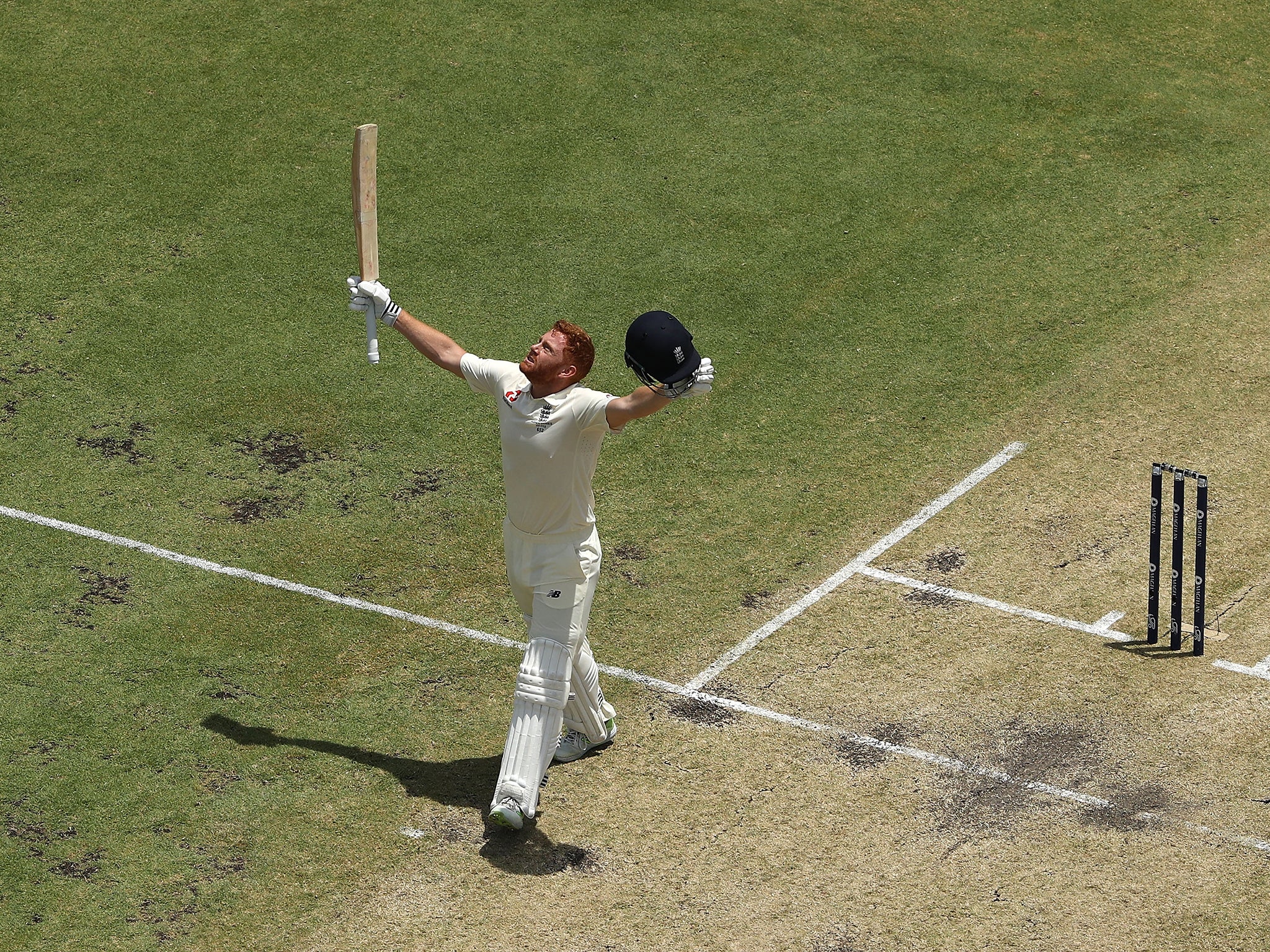 &#13;
Jonny Bairstow points to the sky in memory of his late father after reaching his century &#13;