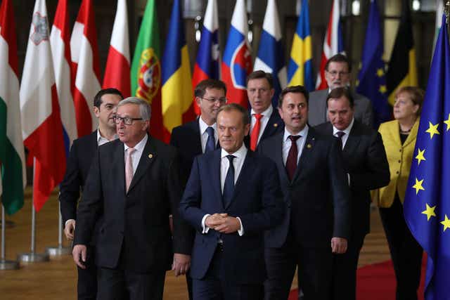 Commission president Jean-Claude Juncker and Council president Donald Tusk with EU leaders in Brussels