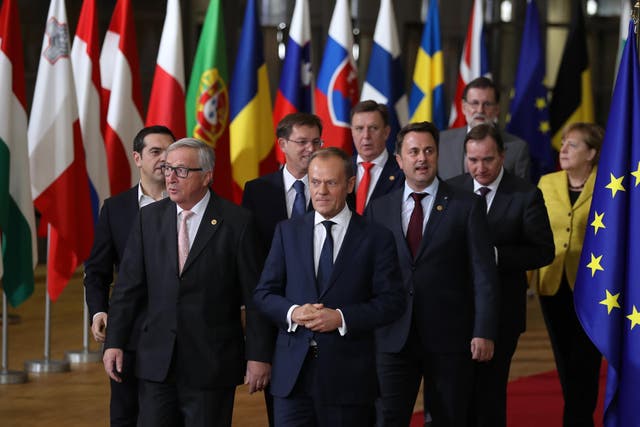 Commission president Jean-Claude Juncker and Council president Donald Tusk with EU leaders in Brussels