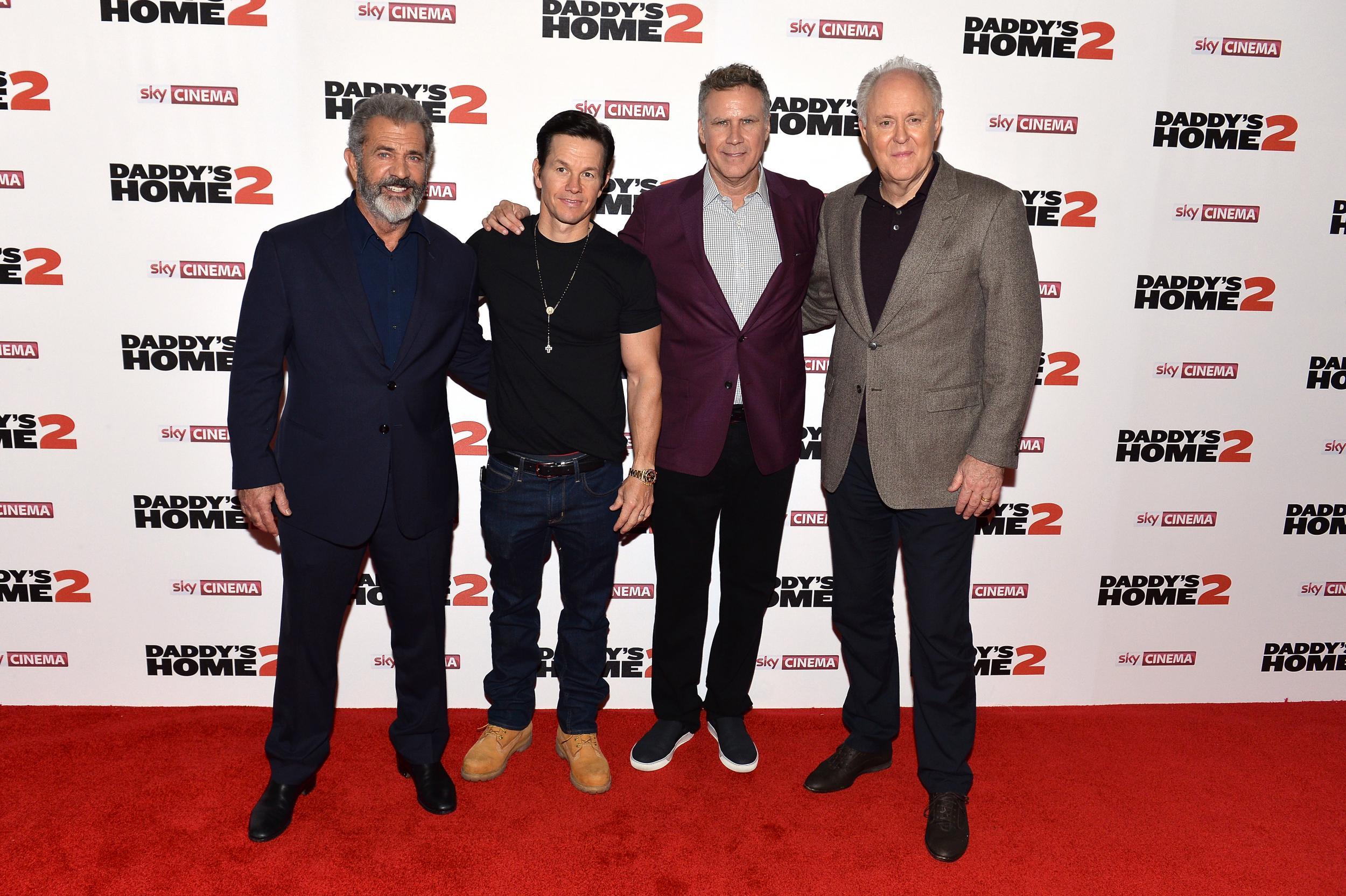 Mel Gibson, Mark Wahlberg, Will Ferrell and John Lithgow attend the UK Premiere of 'Daddy's Home 2' at Vue West End on November 16, 2017 in London, England. Credit: Jeff Spicer/Getty Images for Paramount Pictures.