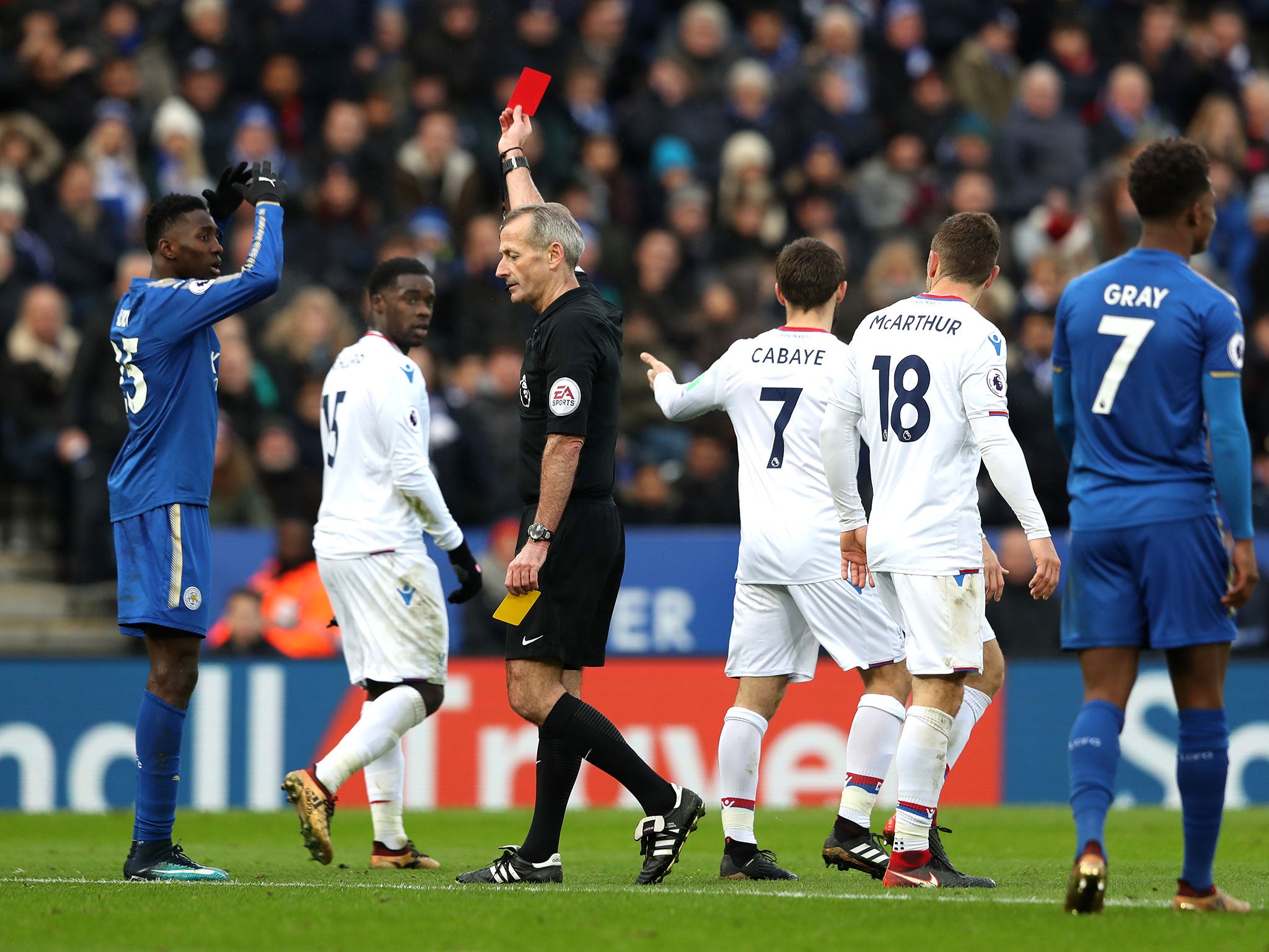 Wilfred Ndidi is sent off for a second yellow following a blatant dive