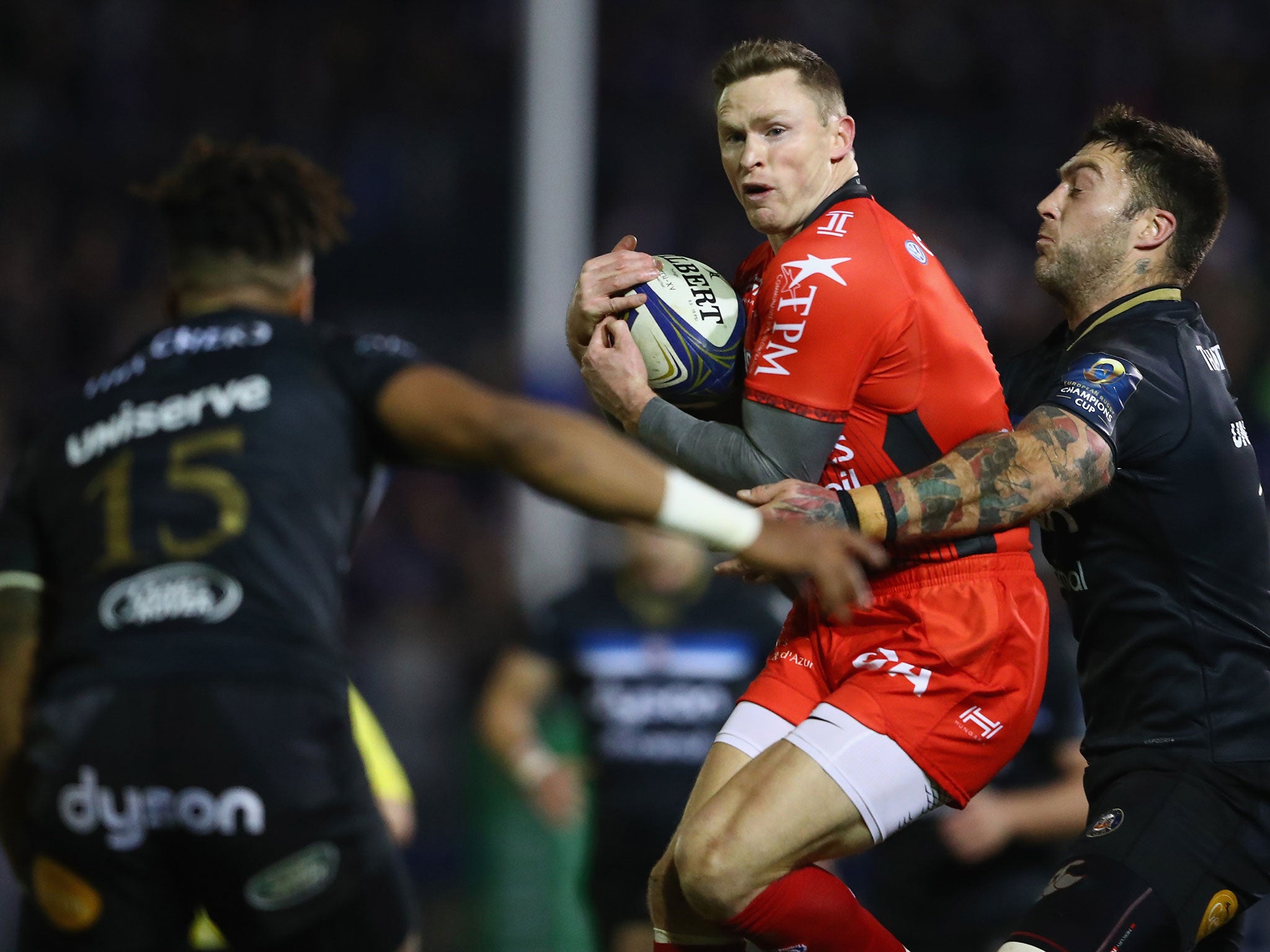 Chris Ashton is challenged by Matt Banahan and Anthony Watson