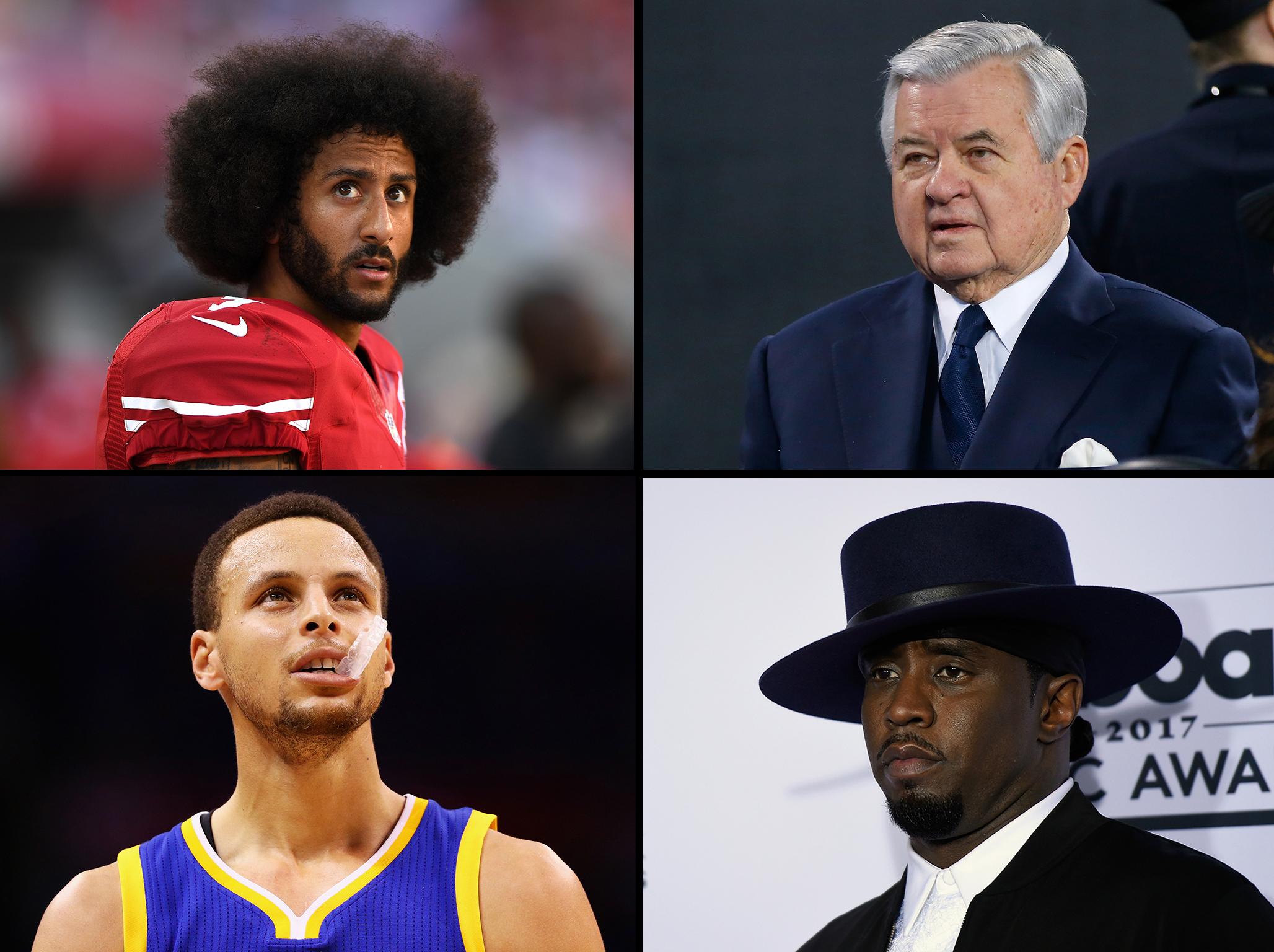 Kaepernick (top left), Steph Curry (bottom left) and Diddy (bottom right) are keen to buy the Panthers from Richardoson (top right)