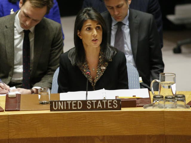 US Ambassador to the UN Nikki Haley speaks after she voted against the vote on a draft resolution that would reject US President Donald Trump's decision to recognize Jerusalem as the capital of Israel.