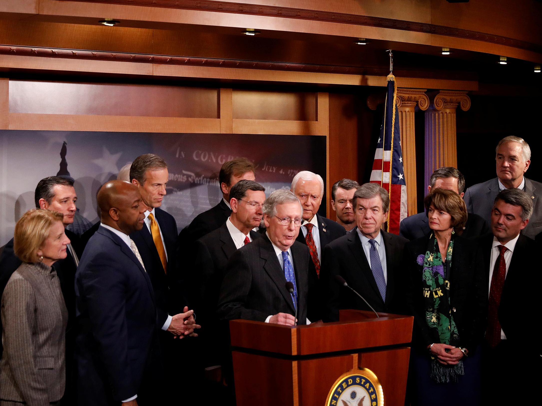 Senate Majority Leader Mitch McConnell, accompanied by members of the Republican Conference, speaks at a news conference about the passage of the Tax Cuts and Jobs Acts at the US Capitol in Washington