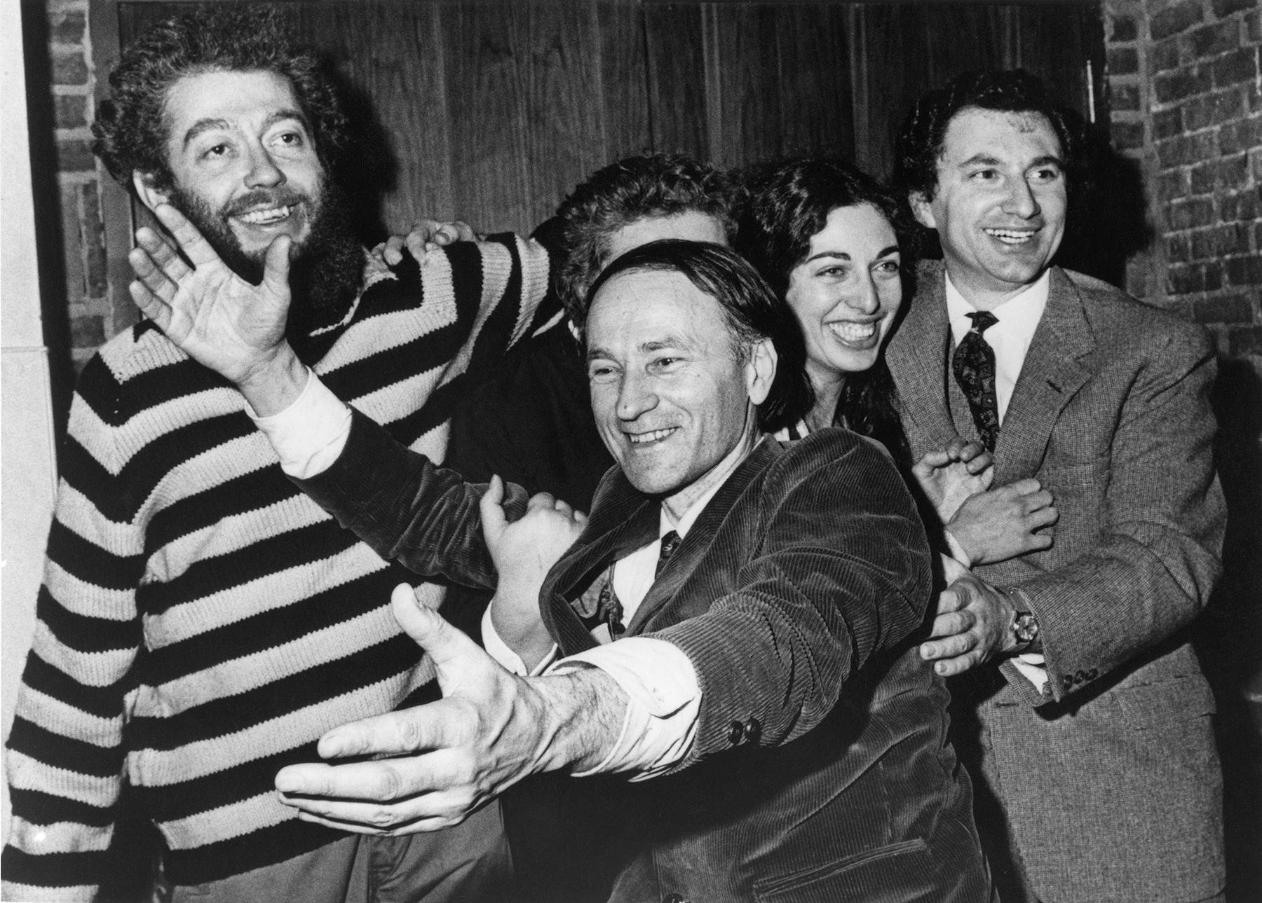 Mekas (centre) with Hollis Frampton, Peter Kubelka, Florence Jacobs and Ken Jacobs at the opening of Anthology Film Archives in 1970