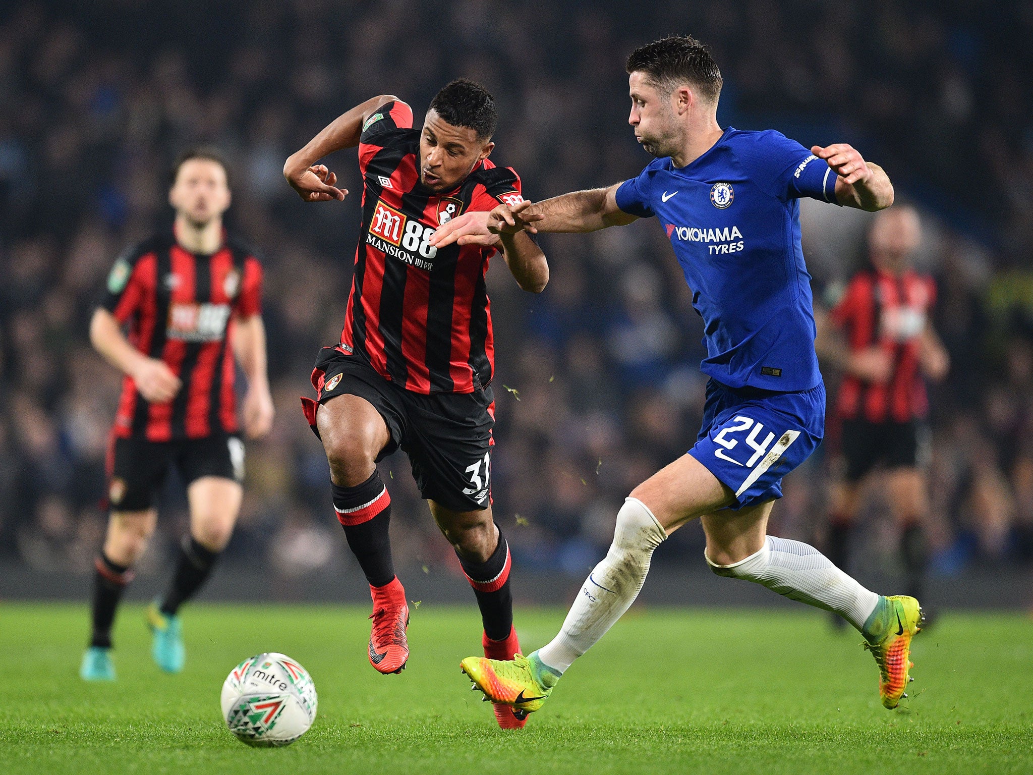 Lys Mousset vies for possession with Gary Cahill