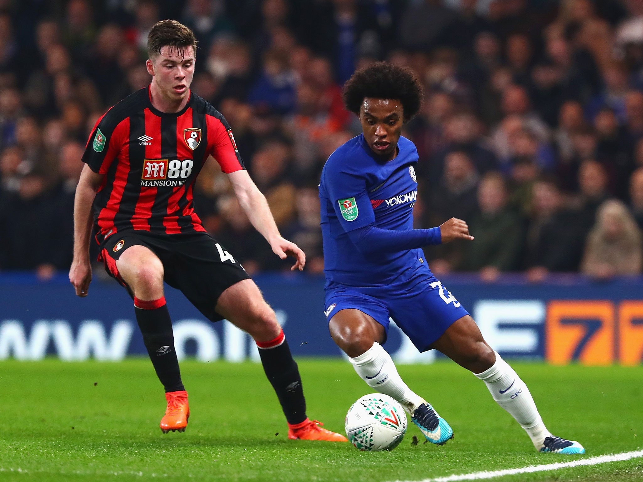 Willian attempts to spin away from Jack Simpson