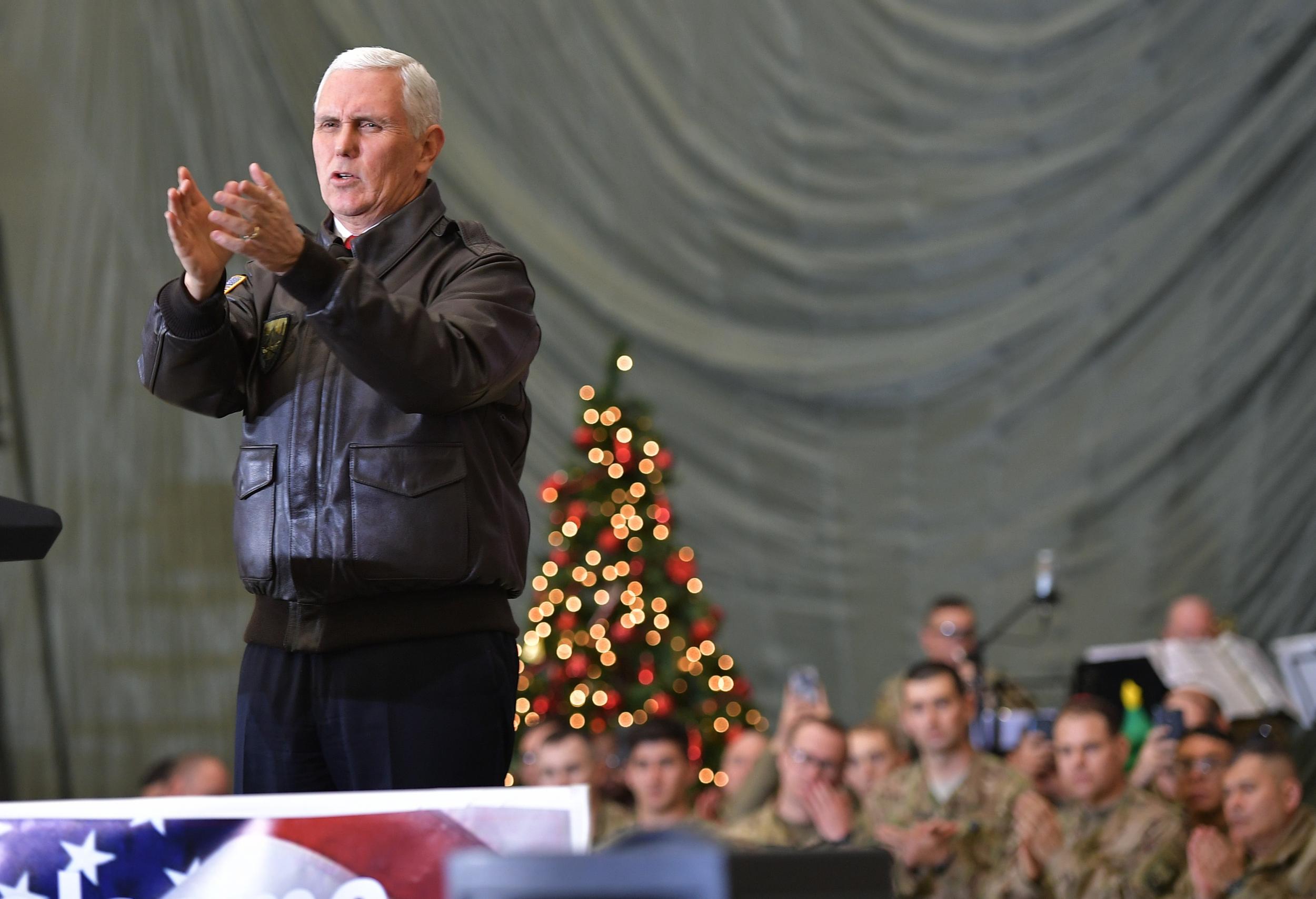 Mike Pence greets soldiers during a surprise pre-Christmas trip to Afghanistan
