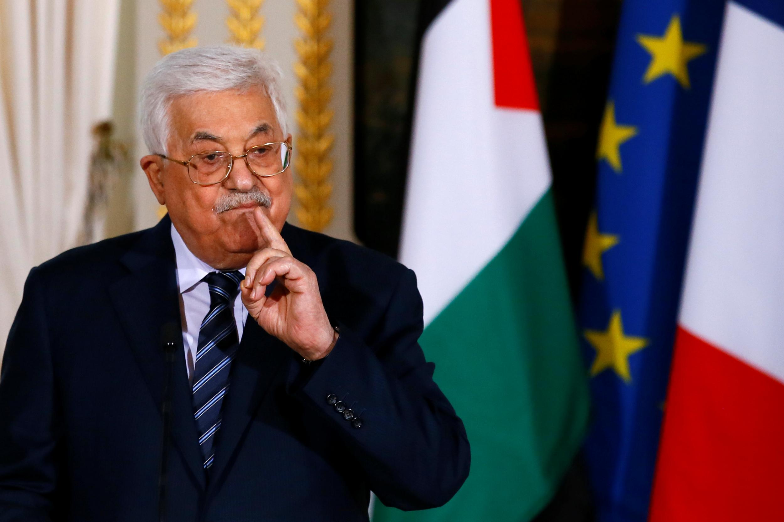 Palestinian President Mahmoud Abbas at a press conference at the Elysee Palace in Paris