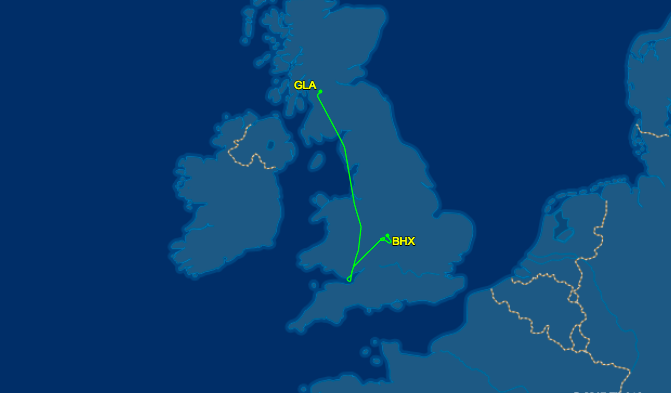 Circle lines: the flightpath of an easyJet flight from Glasgow to Bristol, which diverted to Birmingham