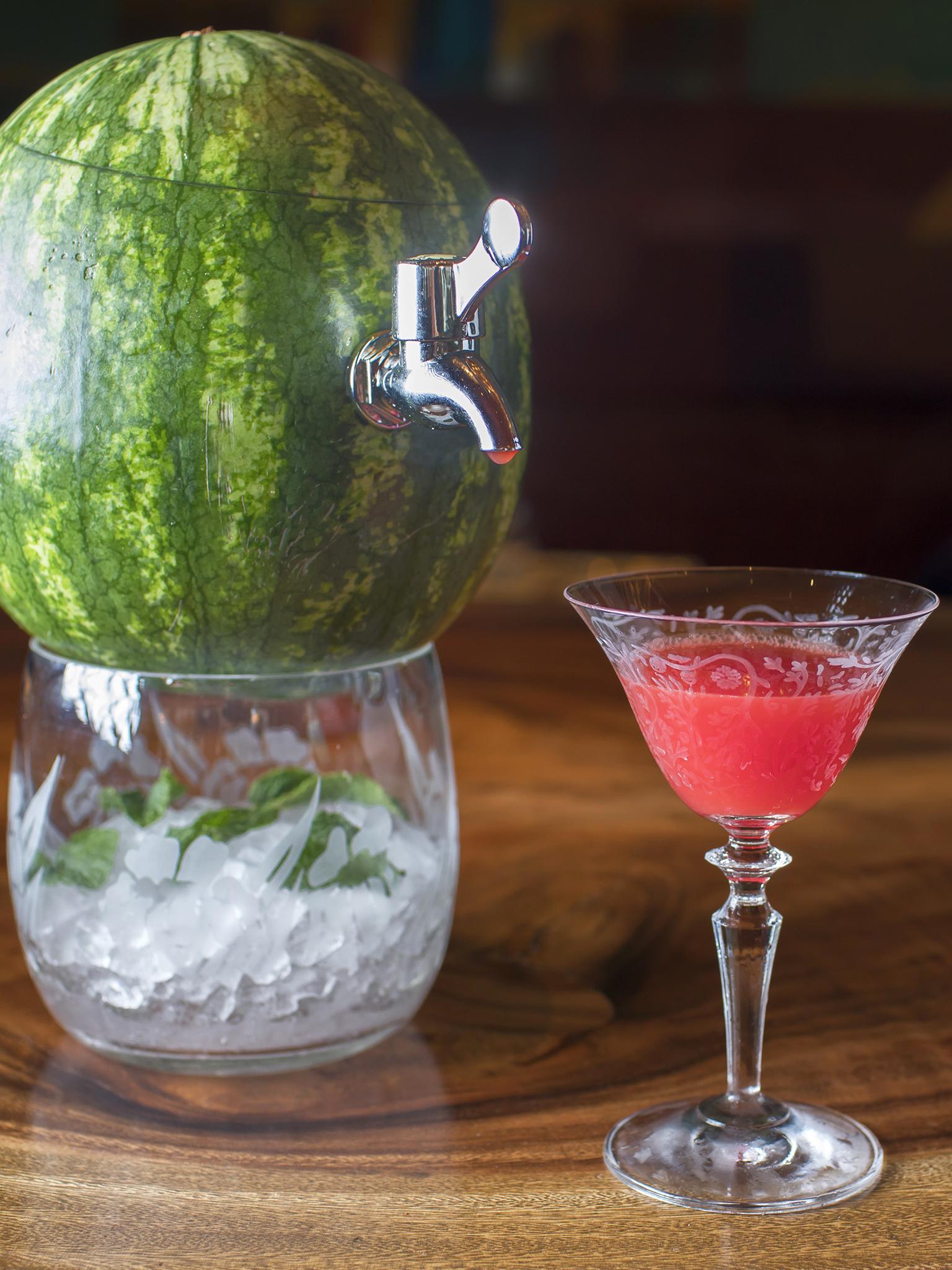 The giant watermelon martini comes with a tap, of course... (Chutney Mary)