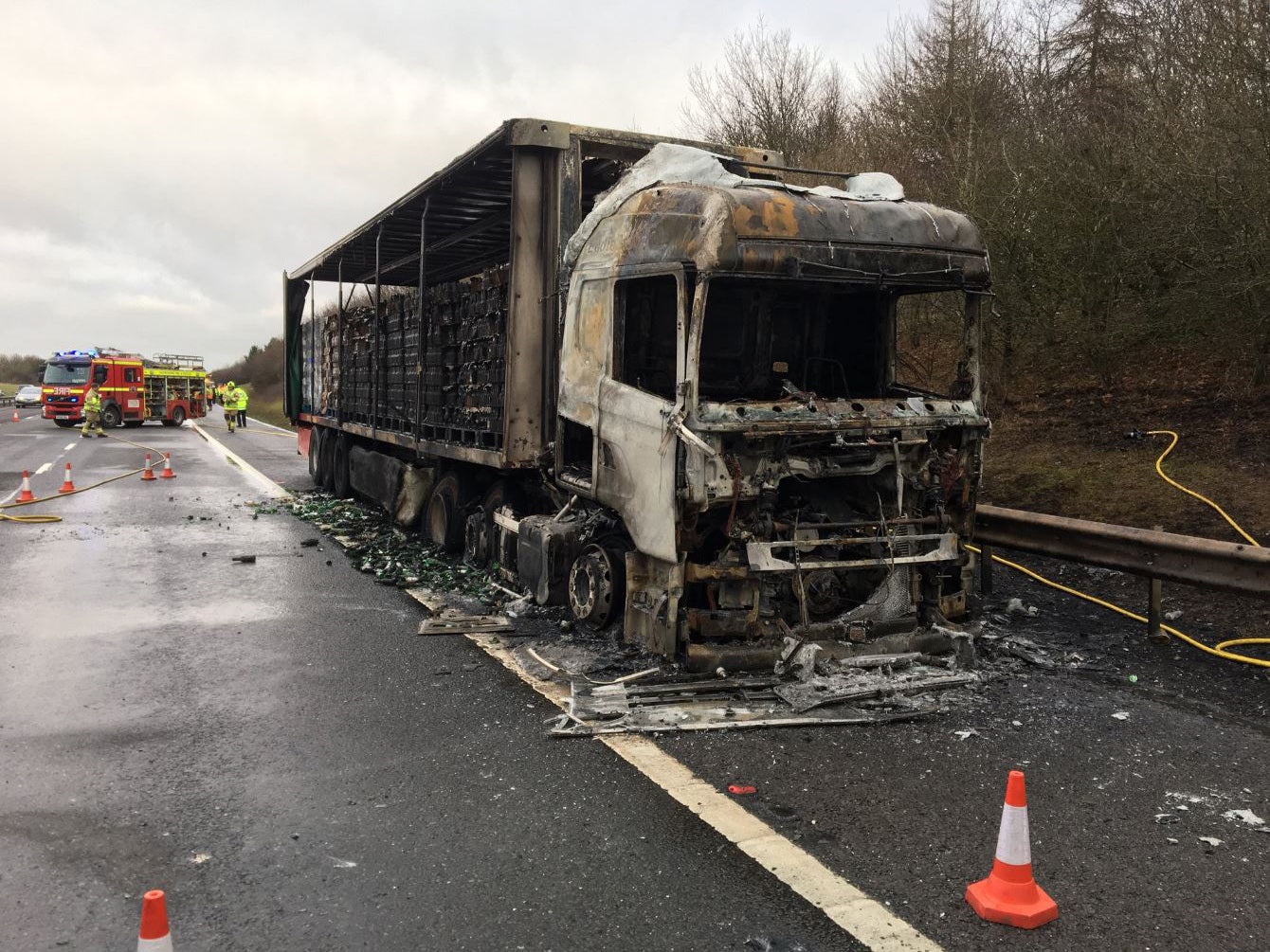 A lorry burst into flames on the M40, causing long delays