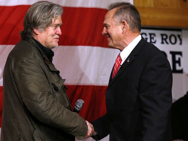 Steve Bannon at a campaign event with Roy Moore, who would go on to lose to a Democrat - a rarity in Alabama