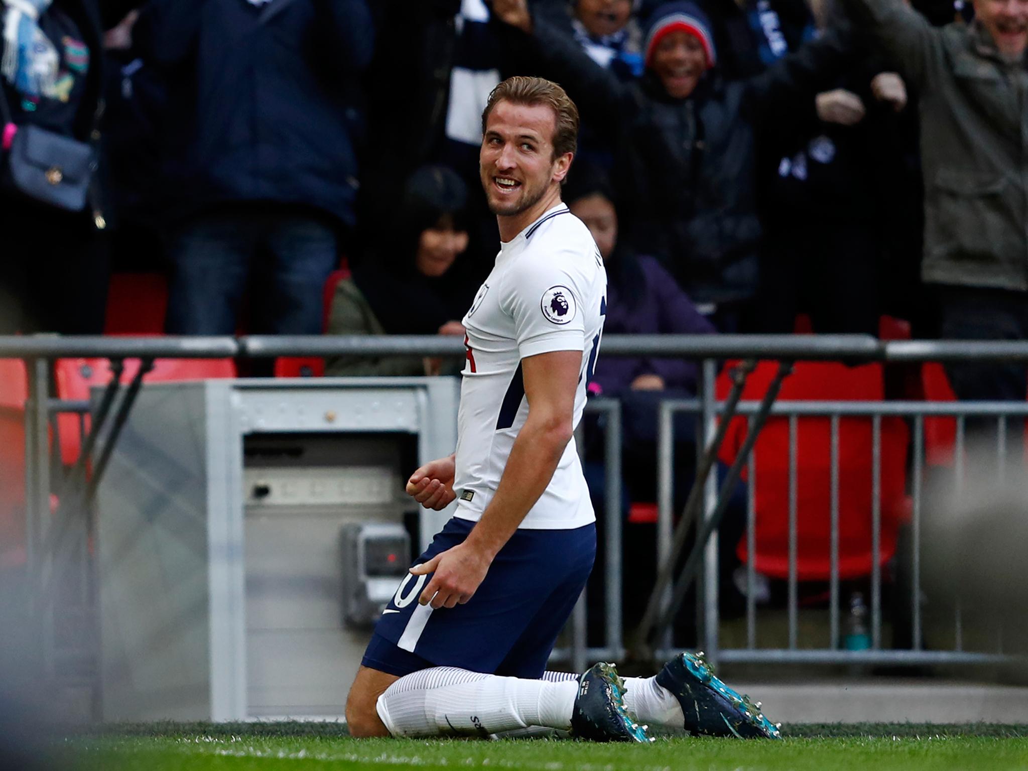 Harry Kane celebrates his second goal for Tottenham against Southampton to become Europe's top goalscorer in 2017
