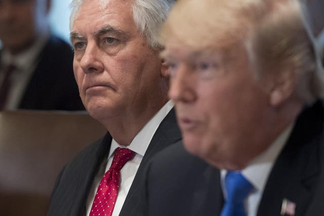 US President Donald Trump speaks alongside Secretary of State Rex Tillerson (L) during a Cabinet Meeting