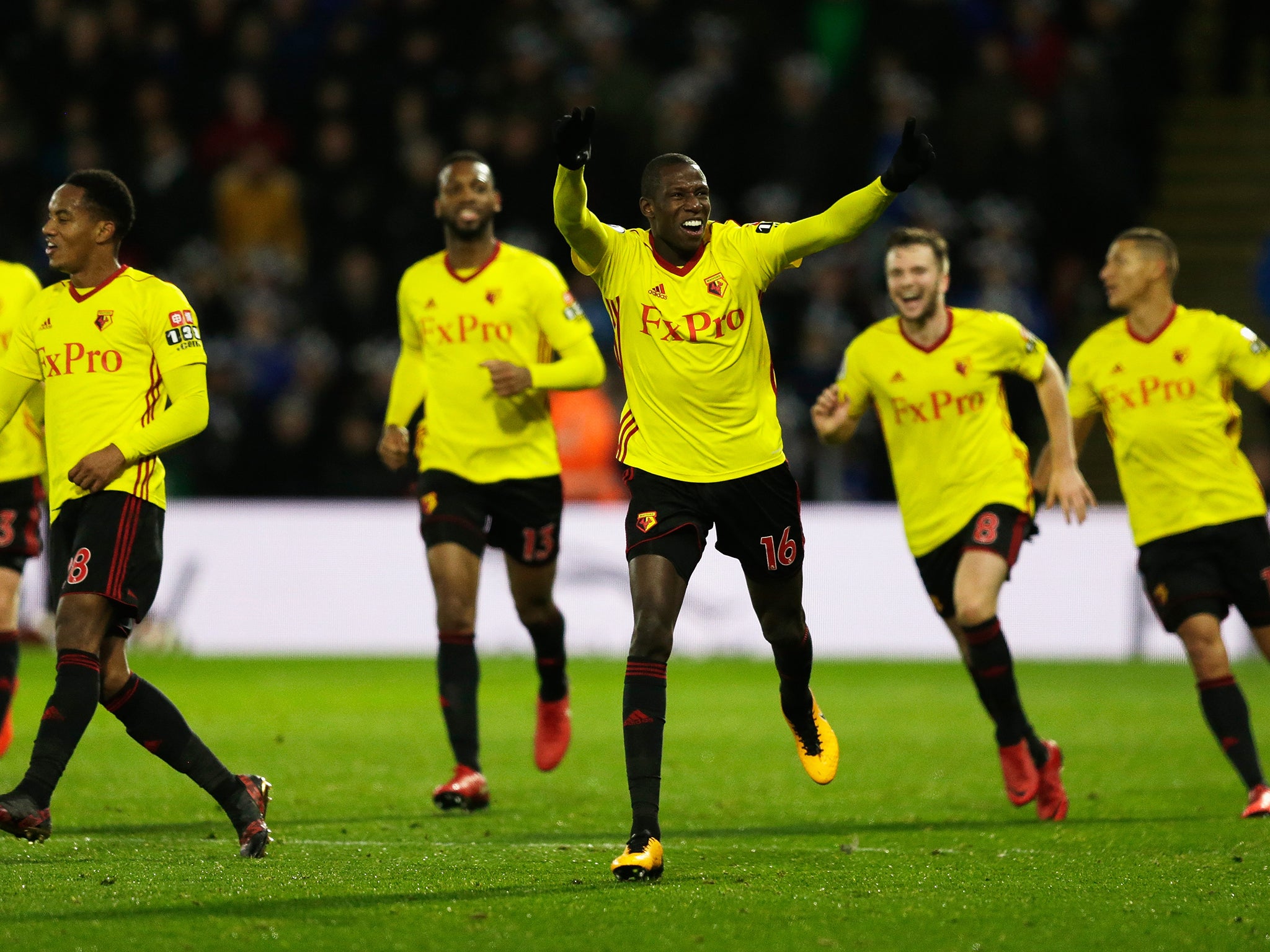 Abdoulaye Doucoure celebrates Watford's second goal against Leicester