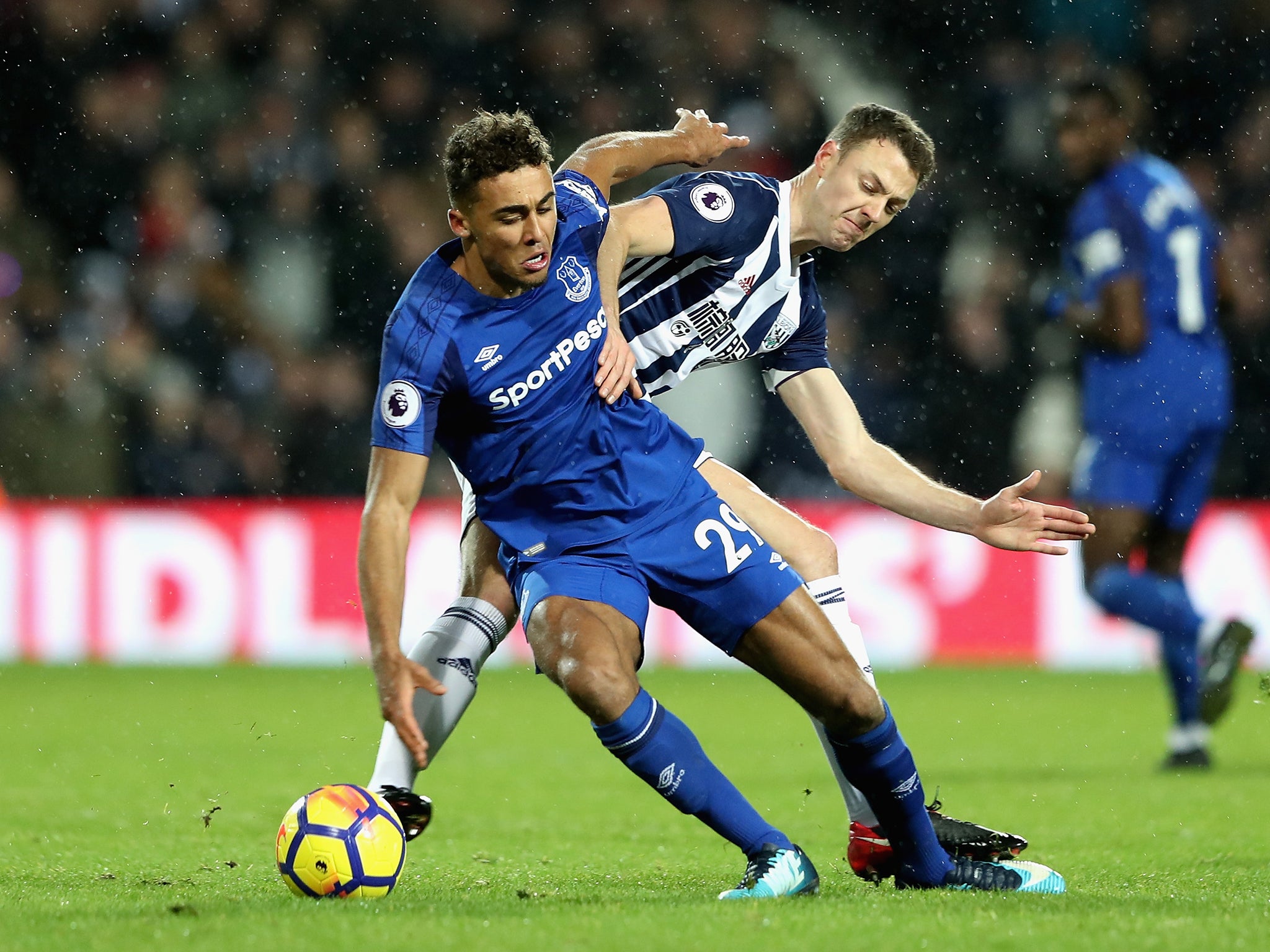 Jonny Evans challenges Everton striker Dominic Calvert-Lewin