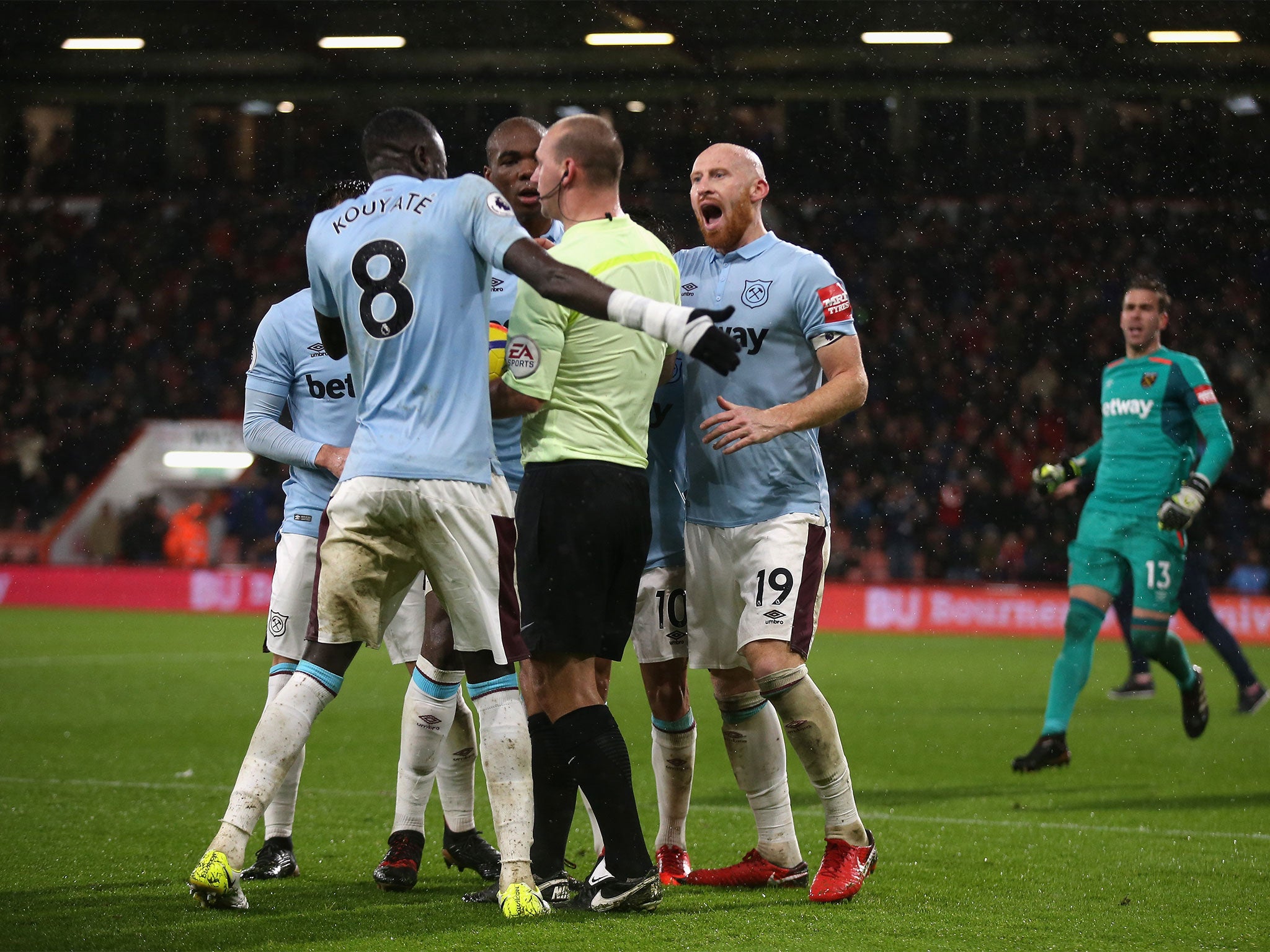 West Ham protest the late equaliser handed to the hosts