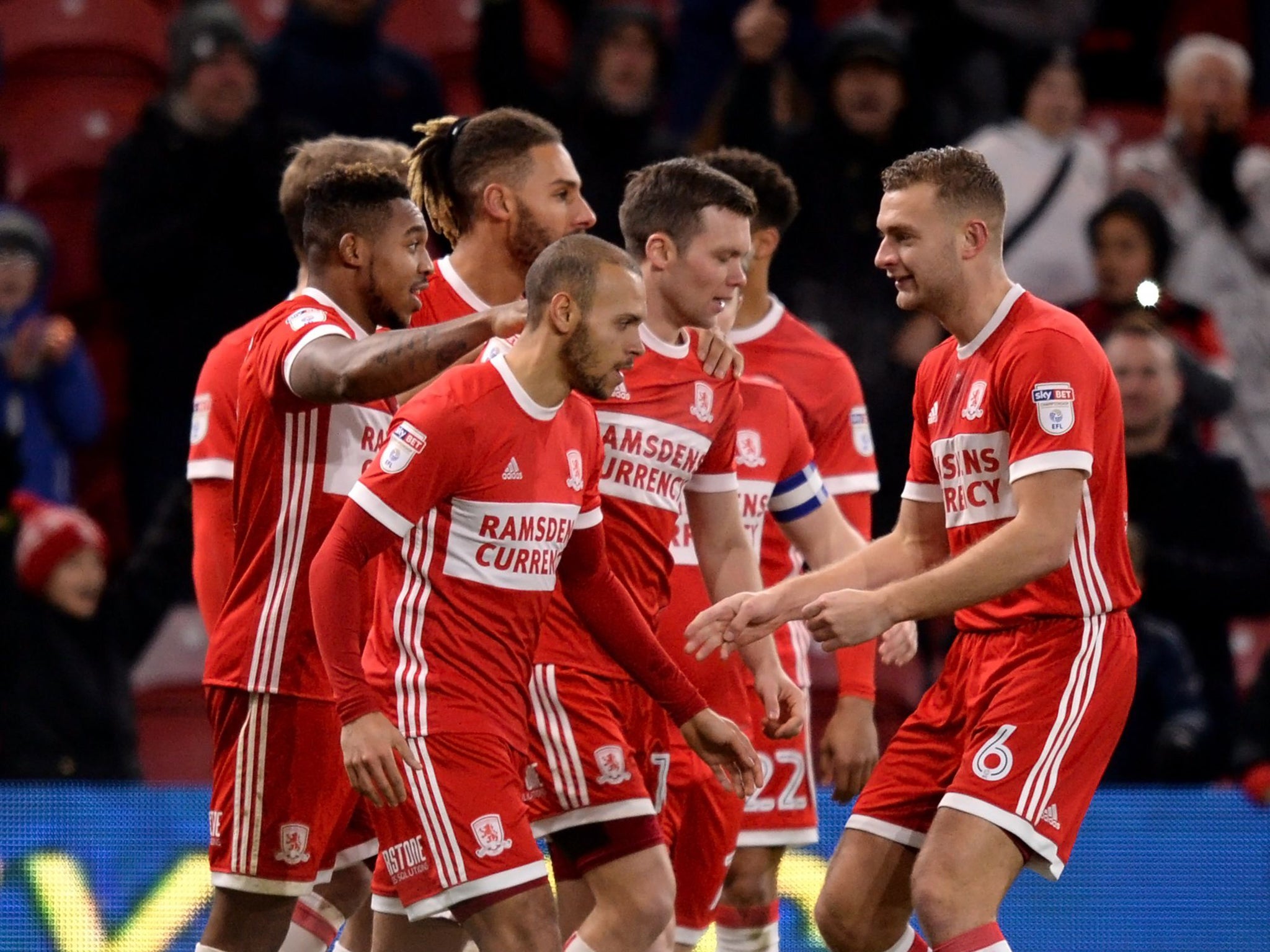 Middlesbrough players celebrate after Martin Braithwaite's opener