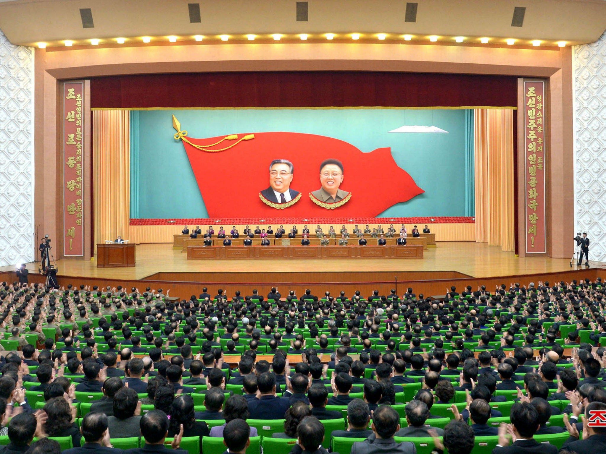 A general view of a national meeting that took place at the People's Palace of Culture on Sunday to mark the 100th birth anniversary of the anti-Japanese war heroine Kim Jong Suk in this photo released by North Korea's Korean Central News Agency (KCNA) in Pyongyang.
