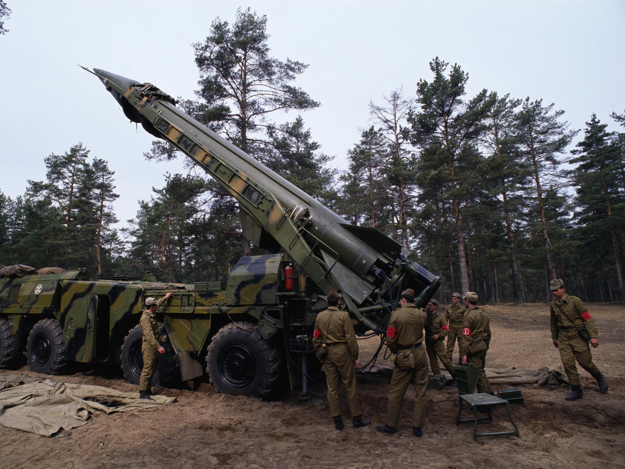 Tactical missile crew on exercise with an R-300 scud class mobile rocket, 120km south of Leningrad.