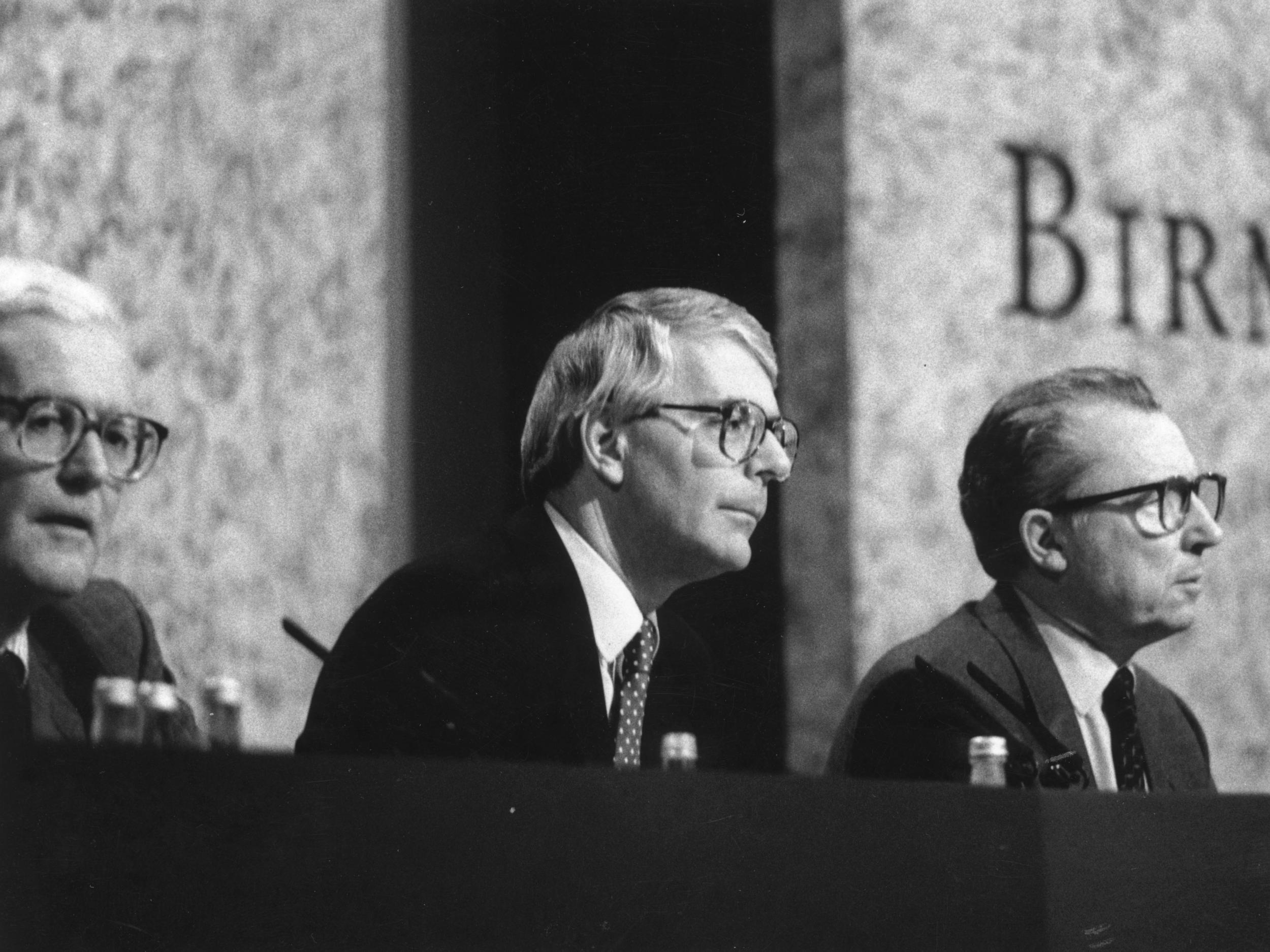 Foreign secretary Douglas Hurd, left, and prime minister John Major, centre, with Jacques Delors at the EC summit in Birmingham, in October 1992