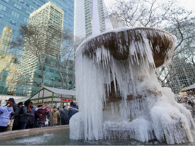 People pose for photographs in front of a frozen water fountain at Bryant Park in New York City