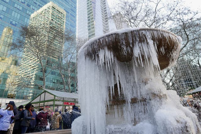 People pose for photographs in front of a frozen water fountain at Bryant Park in New York City